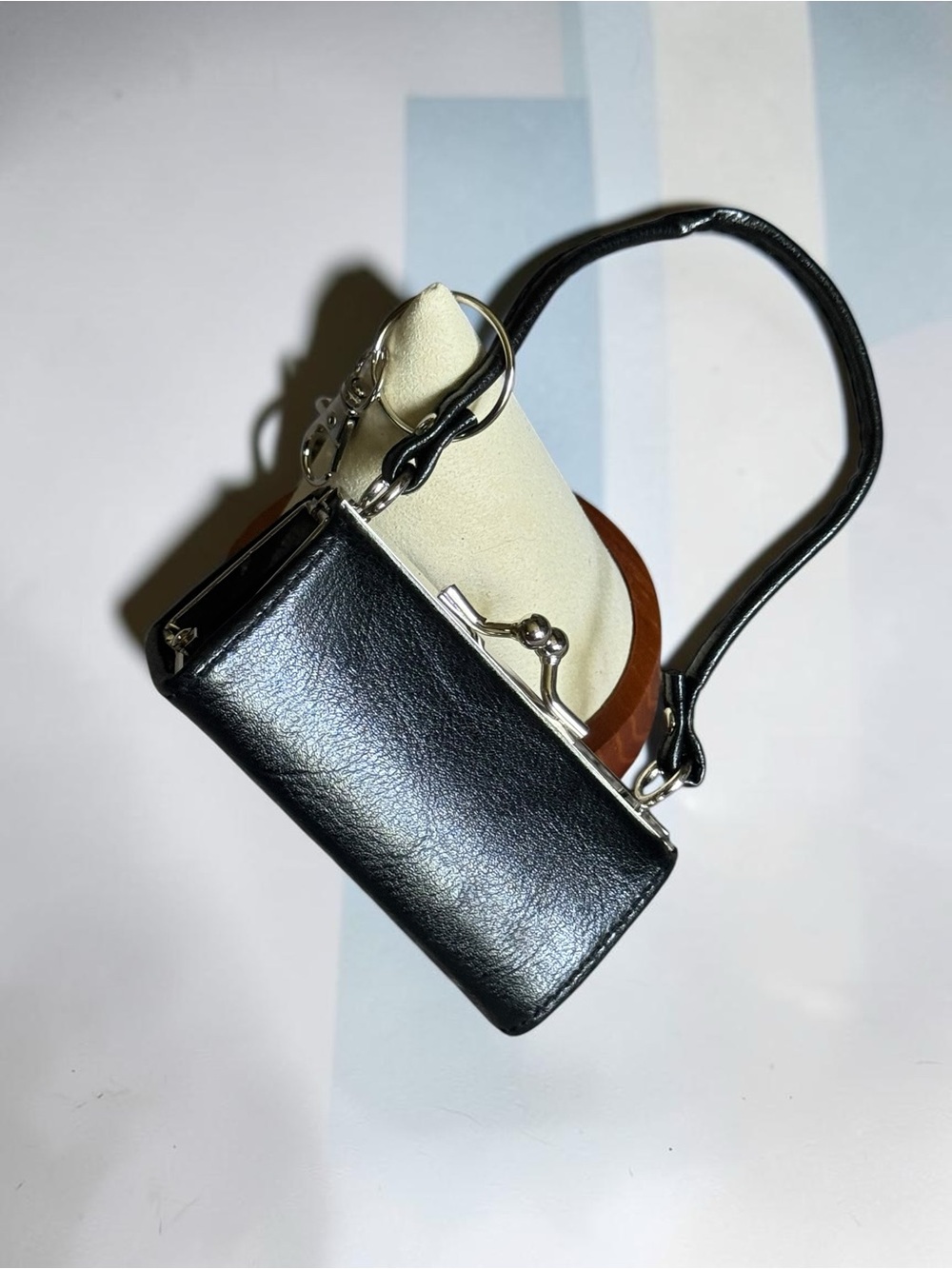 Classic Black Leather KissLock Mini Bag Key & Card Holder with Wrist Strap